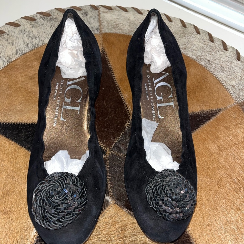 AGL Black Flats with Beaded Embellishment, ITALIAN MADE